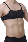 PetitQ micro tank macra black mesh sports bra with thin straps and small red logo on upper right side