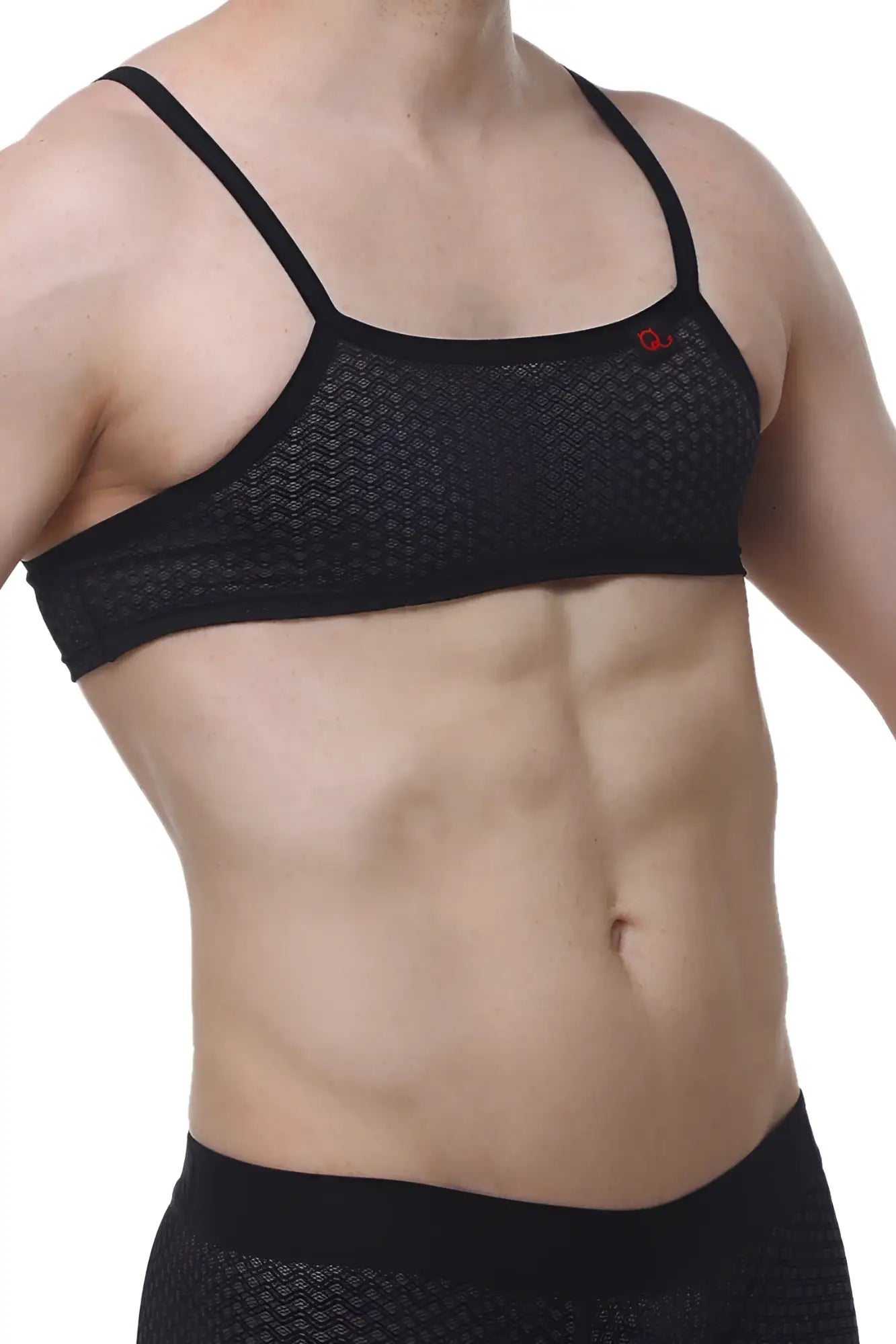 PetitQ micro tank macra black mesh sports bra with thin straps and small red logo on upper right side