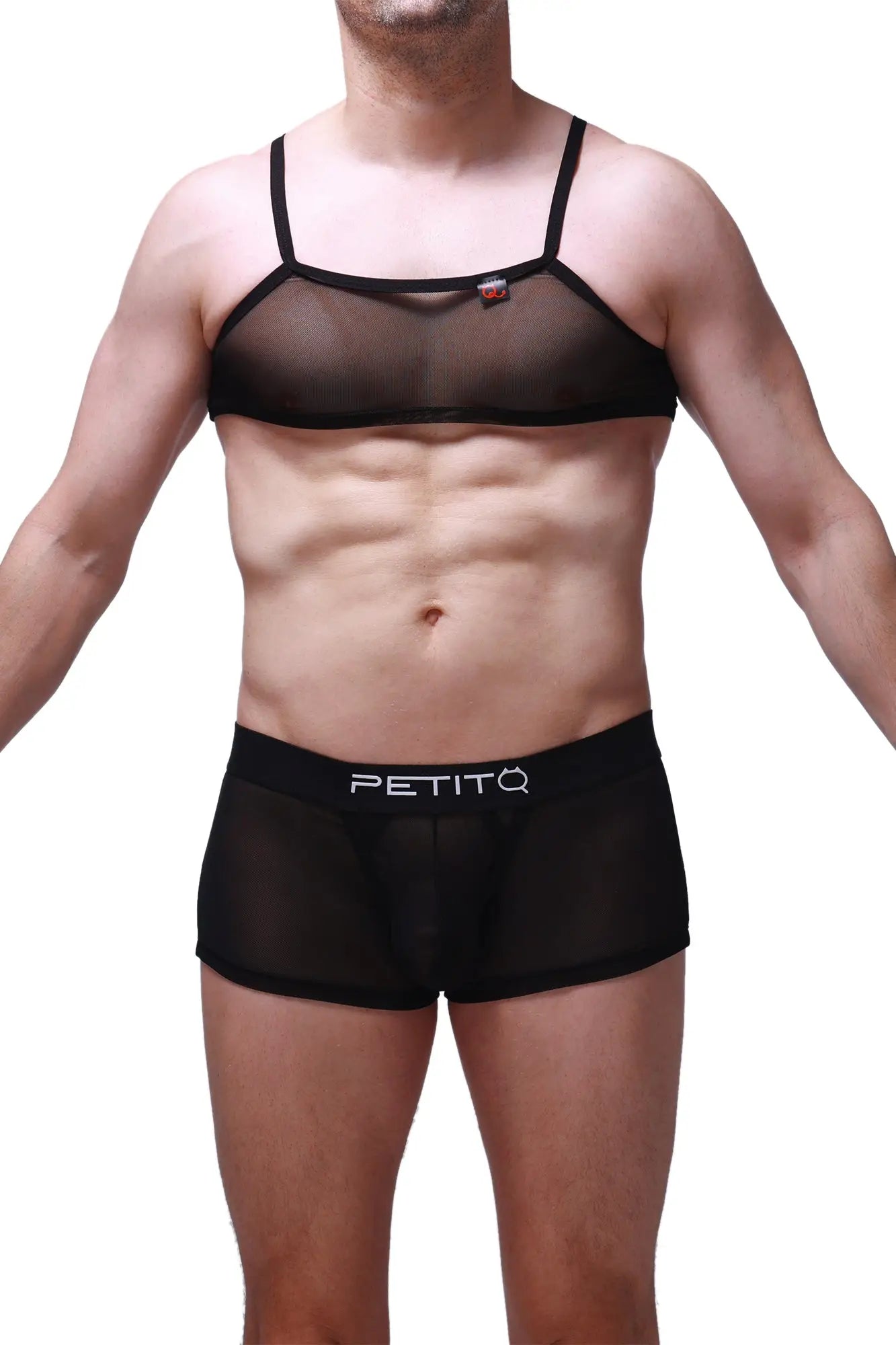 Black sheer mesh bra and matching briefs in petitq micro tank net black with branded waistband