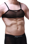 PetitQ micro tank net black sheer mesh bra with thin straps and small red logo on the upper right side