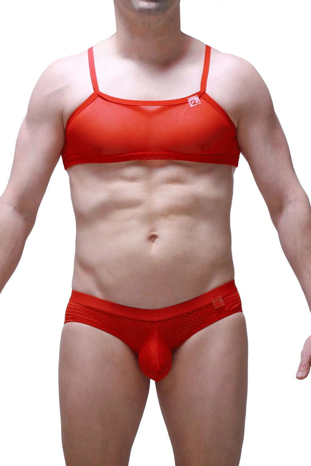 Red mesh bra and matching red lace-trimmed briefs from petitq micro tank net lingerie set