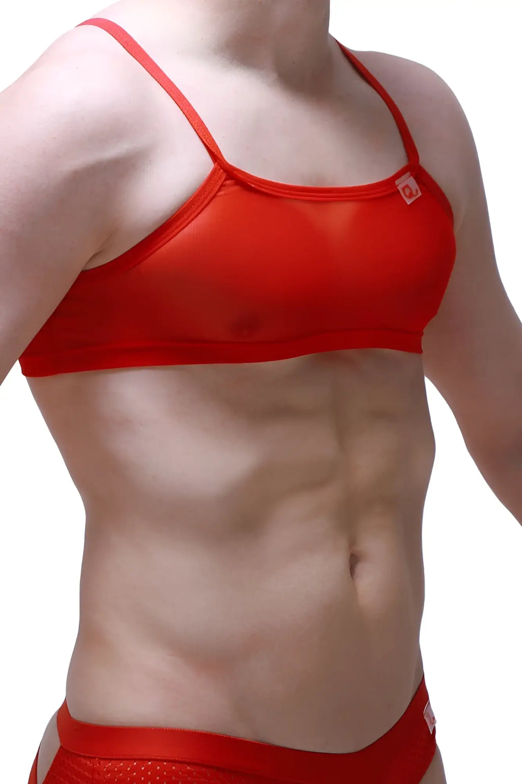 Red mesh sports bra petitq micro tank net red with thin straps and small logo on upper right side