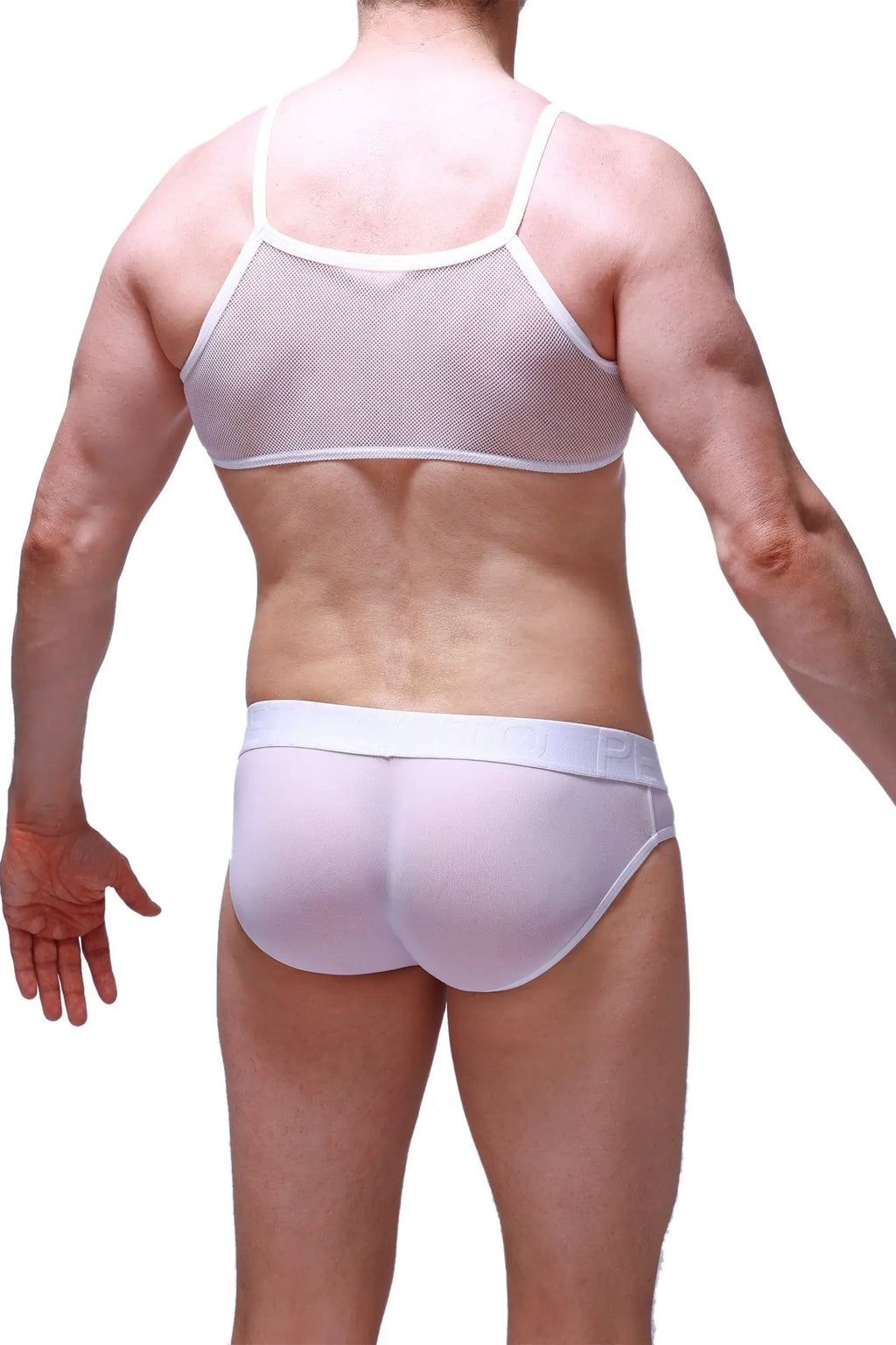 White mesh tank top petitq with thin straps and solid white waistband made of breathable mesh fabric