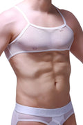 White mesh tank top with thin straps and subtle logo on chest petitq micro tank top mesh white