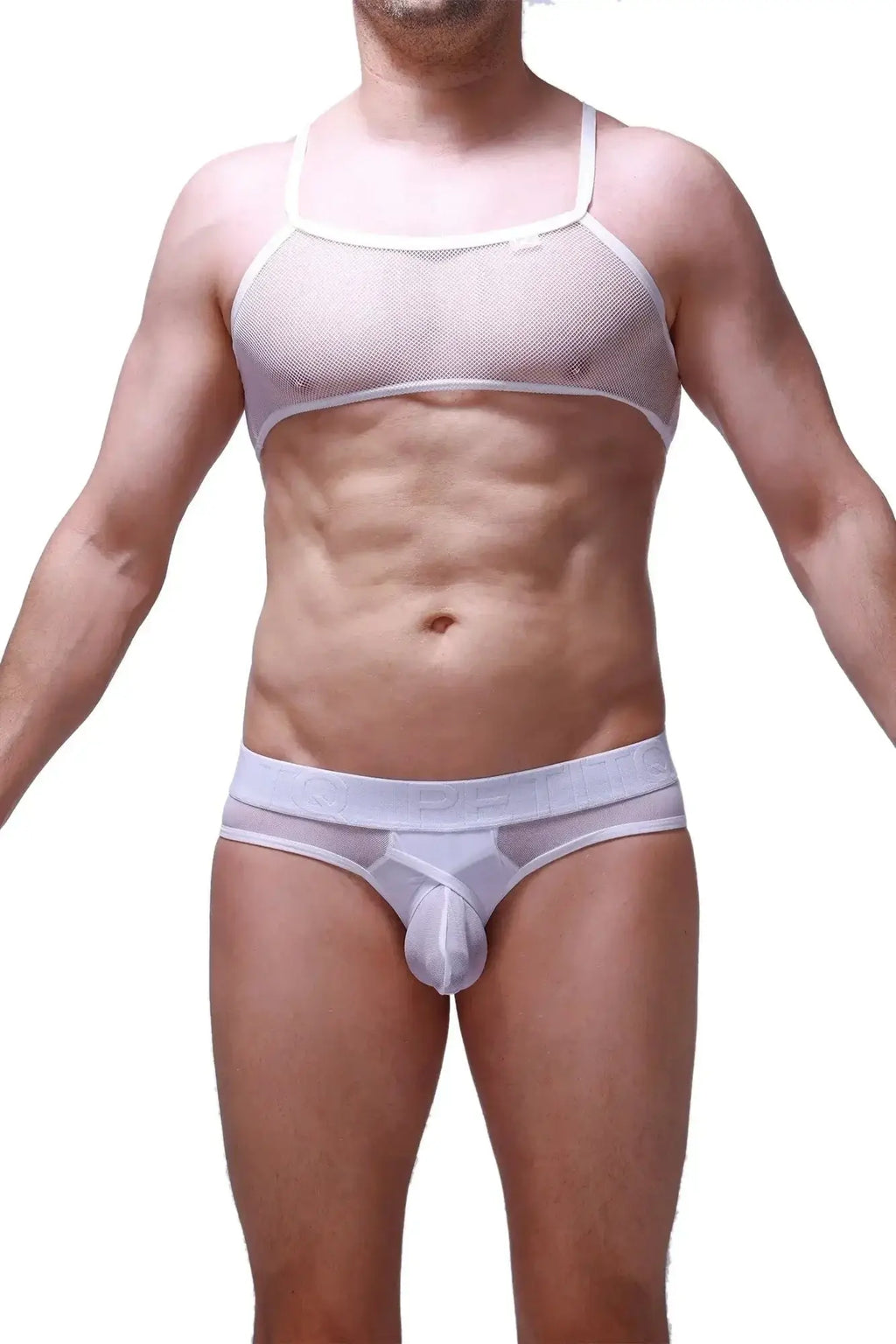 White mesh tank top with thin straps and matching white underwear set from petitq made of breathable mesh fabric