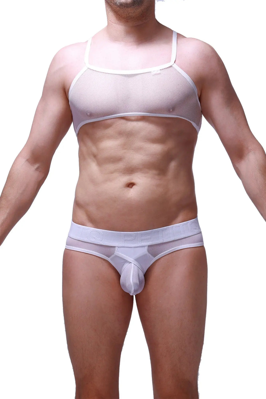 White mesh tank top with thin straps and matching white underwear set from petitq made of breathable mesh fabric