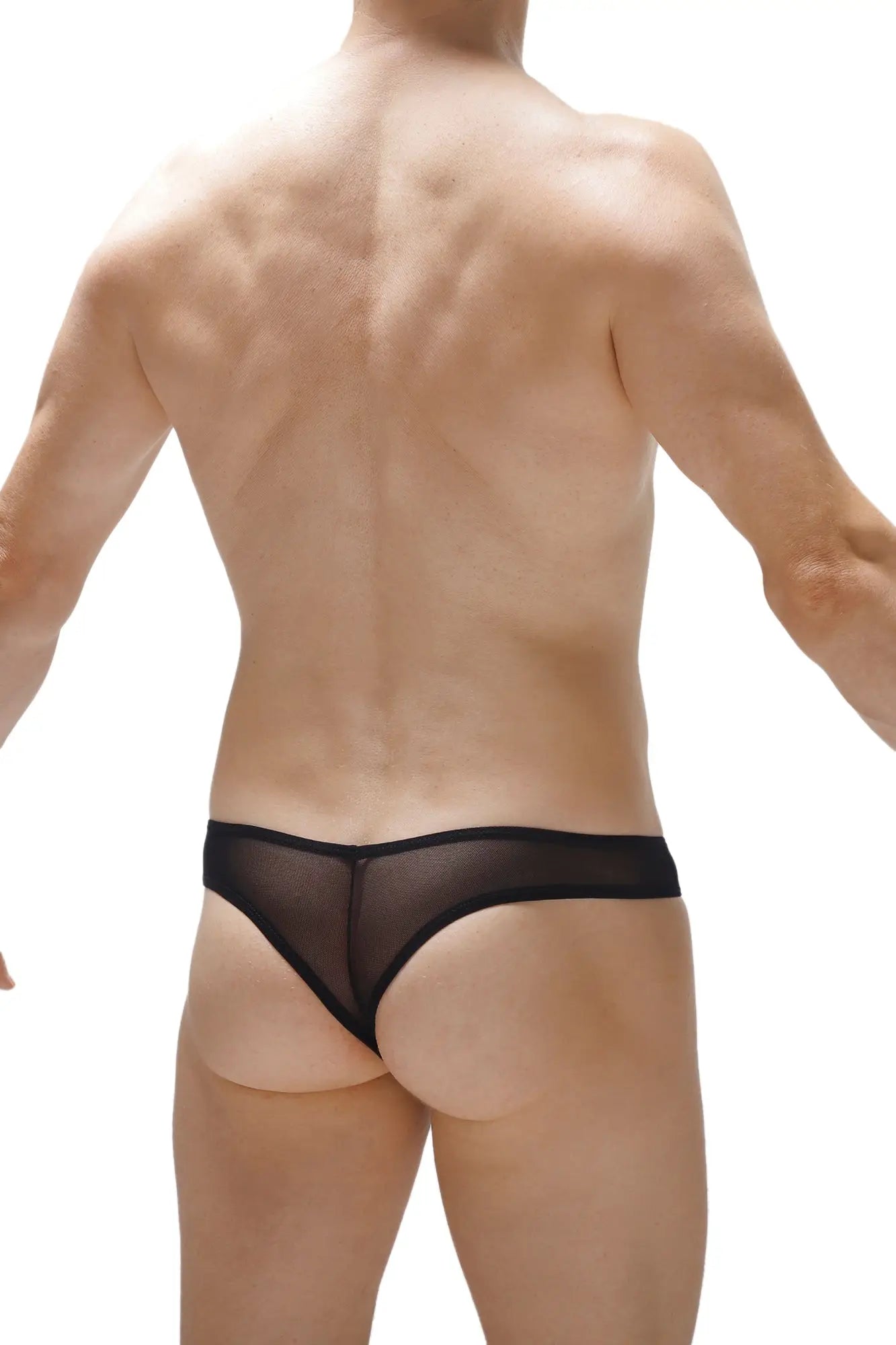 Black sheer mesh thong shown from the back part of petitq mini bikini bavent ascou green collection