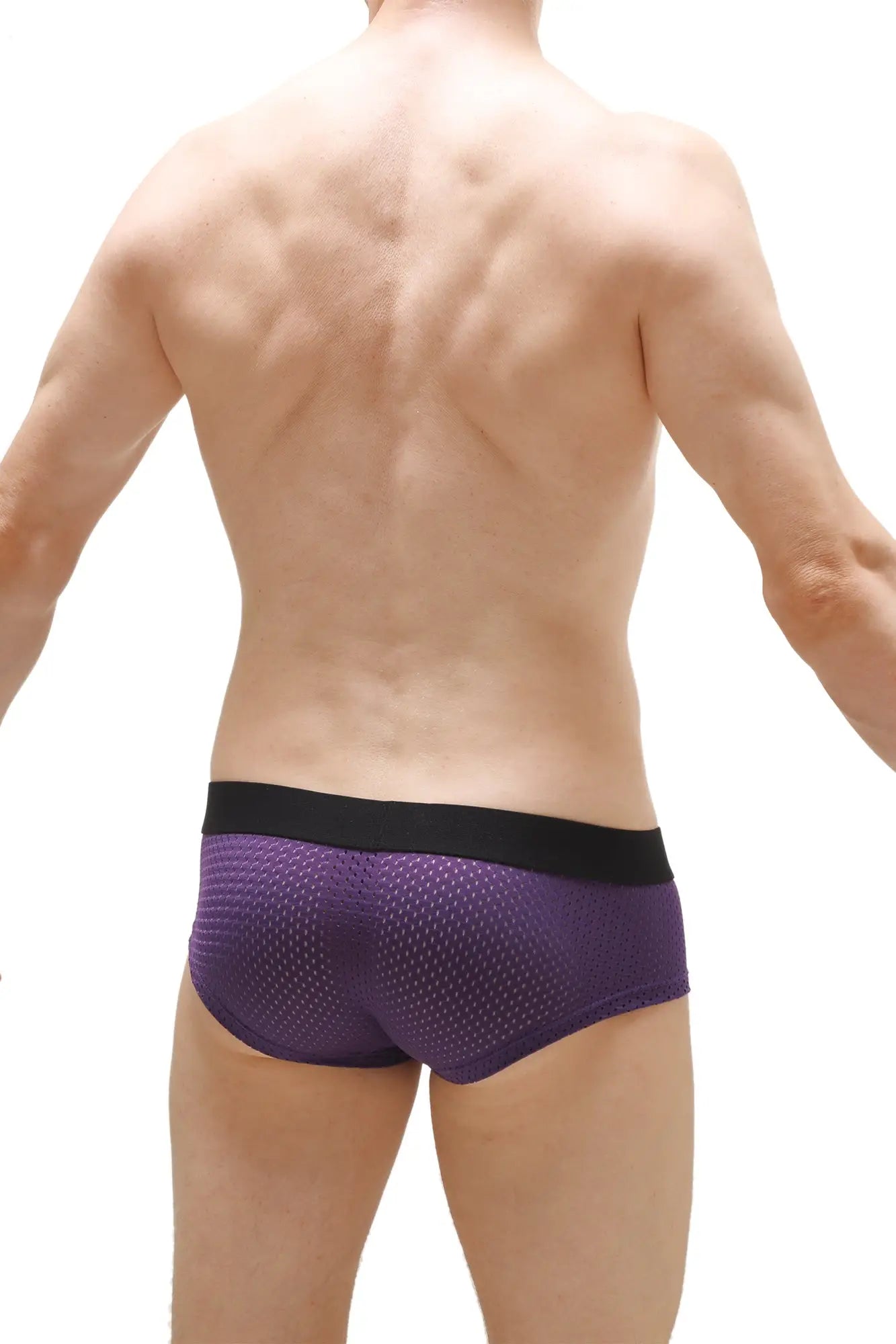 Purple mesh petitq mini boxer briefs with black elastic waistband and double pouch for comfortable support