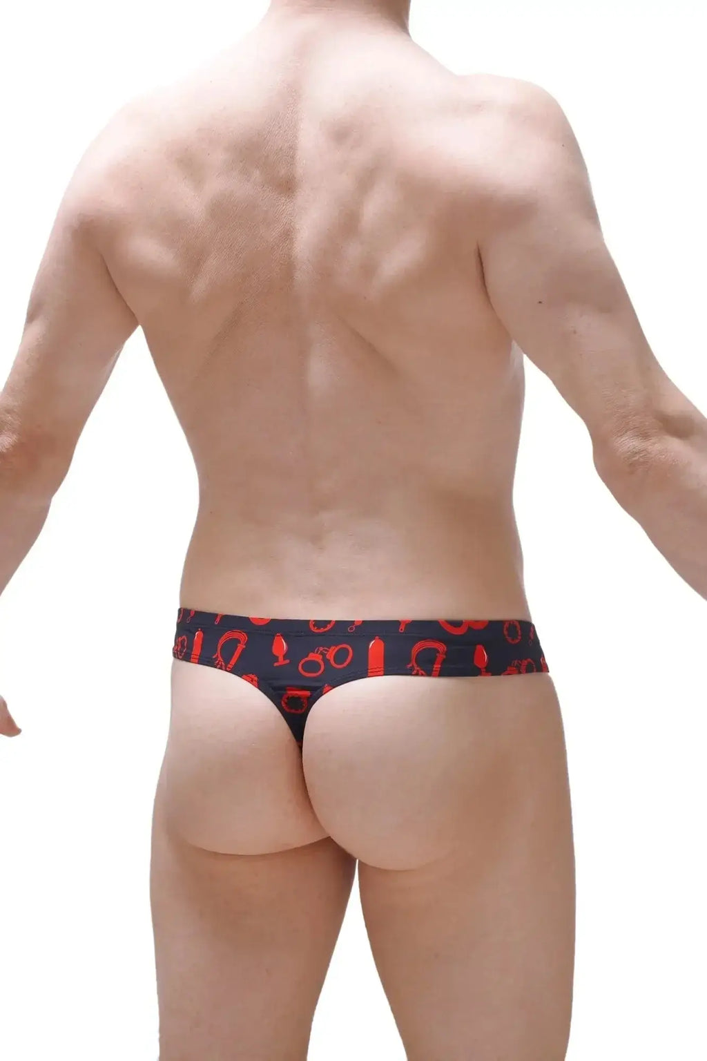 Black briefs petitq mini cheek boudoir with bold red symbol pattern on soft breathable fabric front view