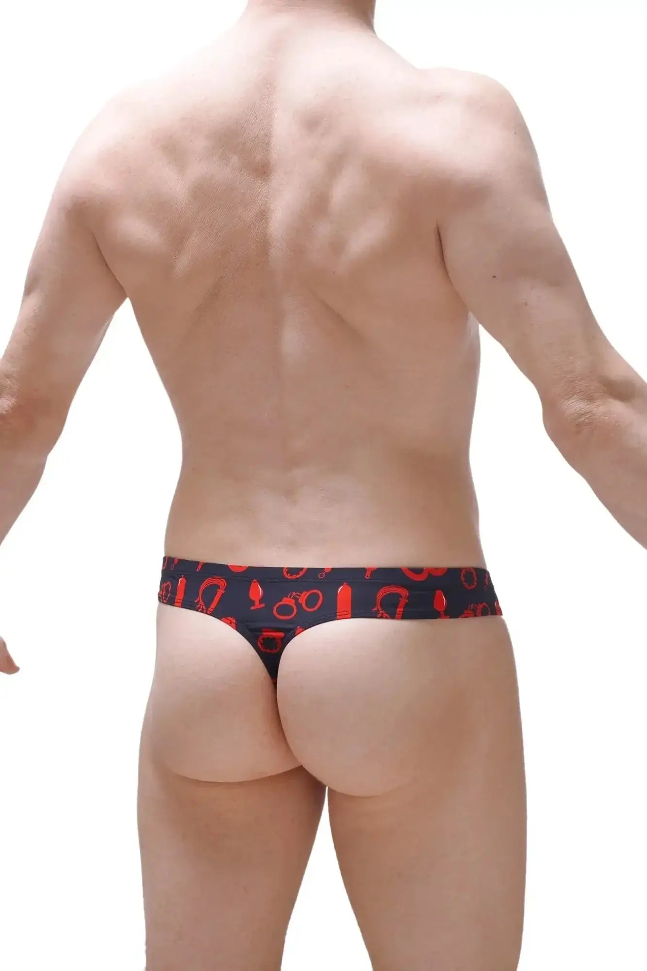 Black briefs petitq mini cheek boudoir with bold red symbol pattern on soft breathable fabric front view