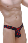 Black men’s thong with red party-themed graphics showing the back side in petitq mini cheek boudoir style