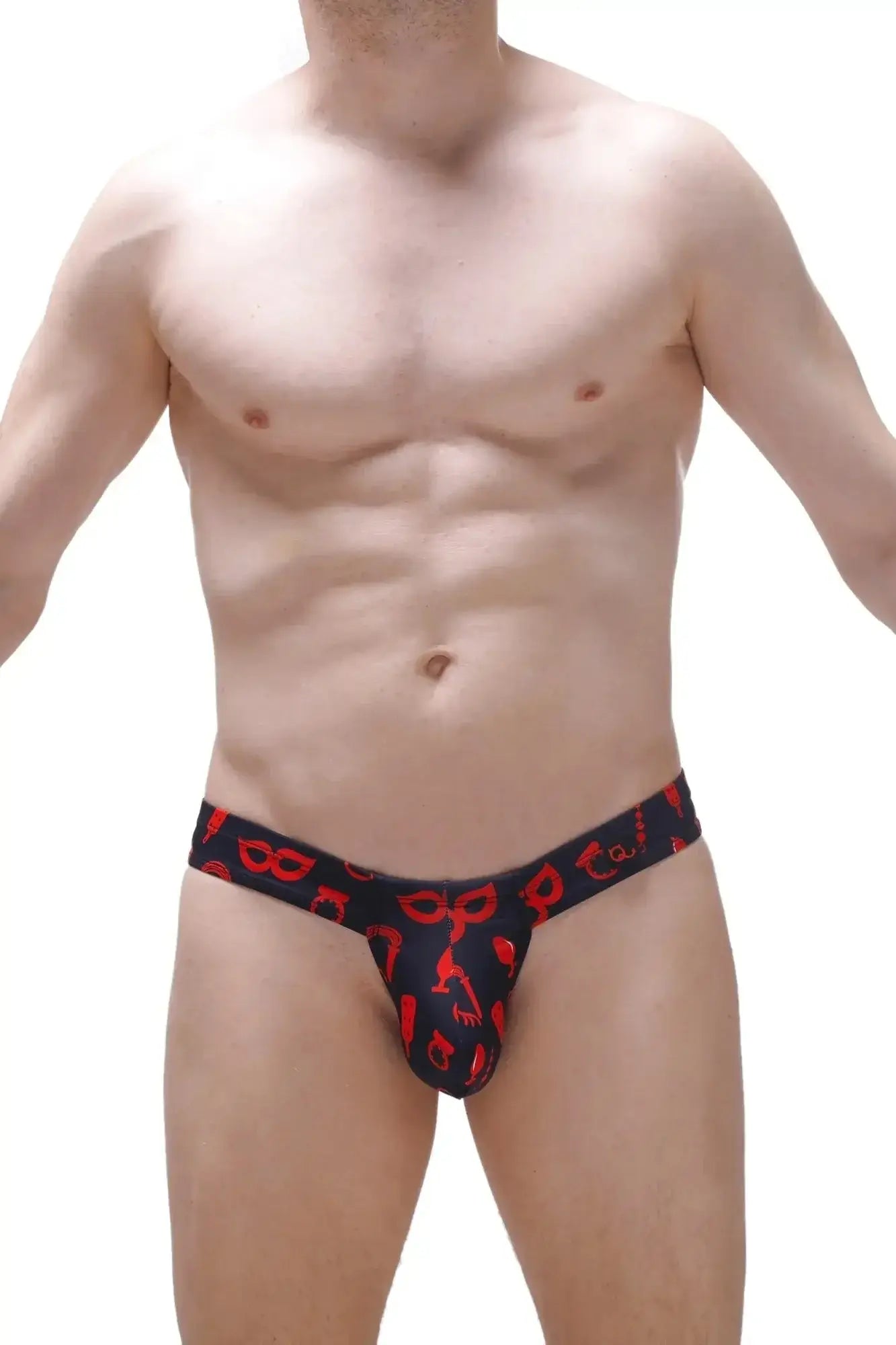 Black mens thong petitq mini cheek boudoir with red masquerade mask and cocktail glass pattern