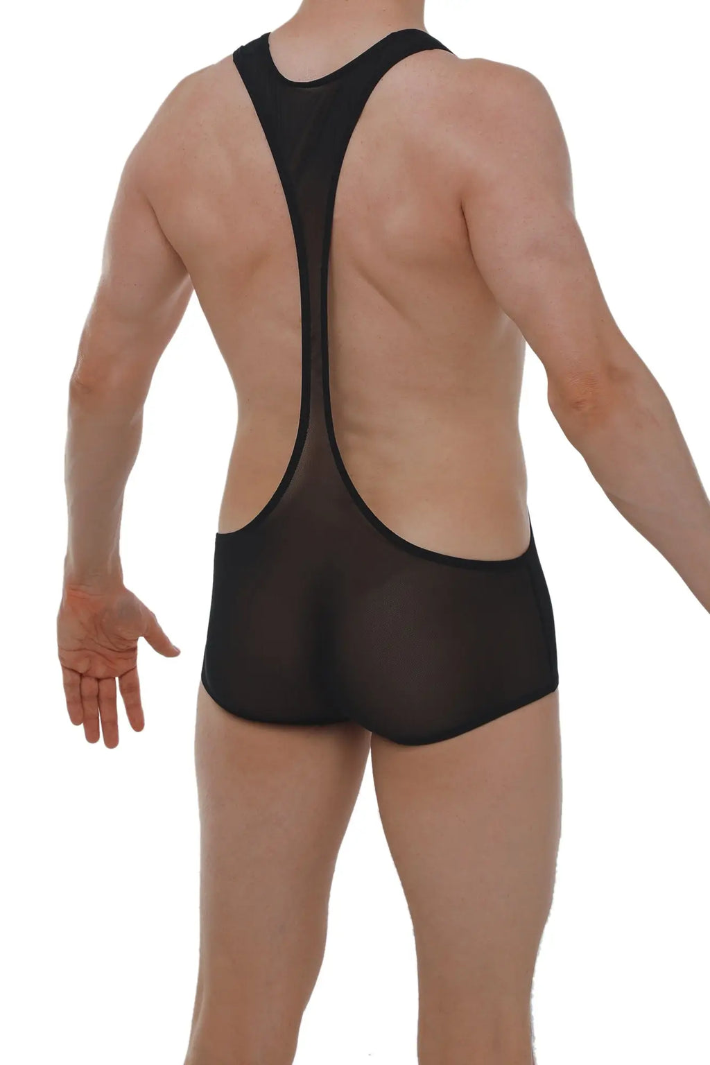 Black mesh petitq mini singlet with racerback design and lower back cutout shown from the back side