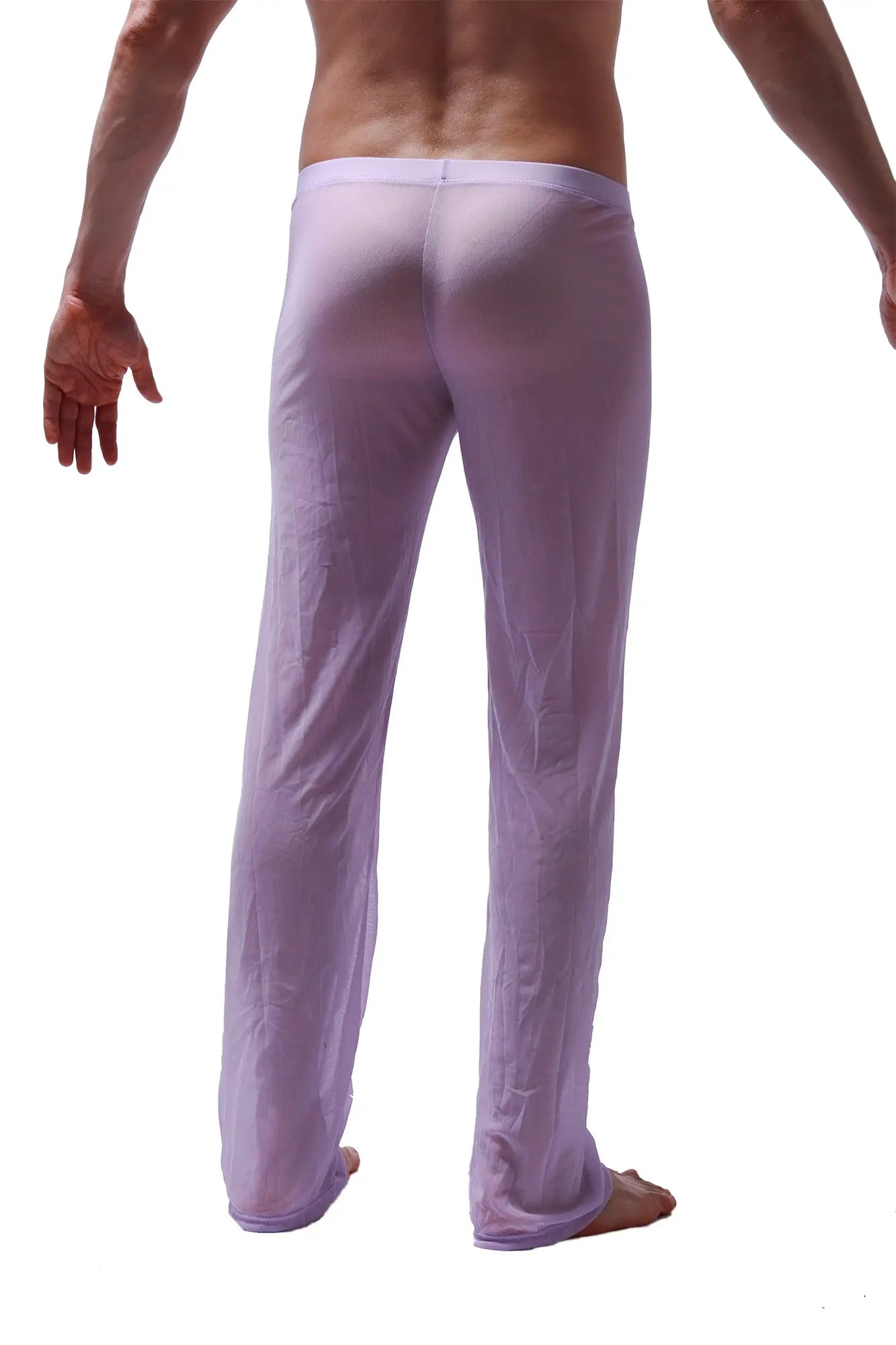 A pair of sheer lavender petitq pants net lilac men’s pajama pants with smooth lightweight fabric and elastic waistband