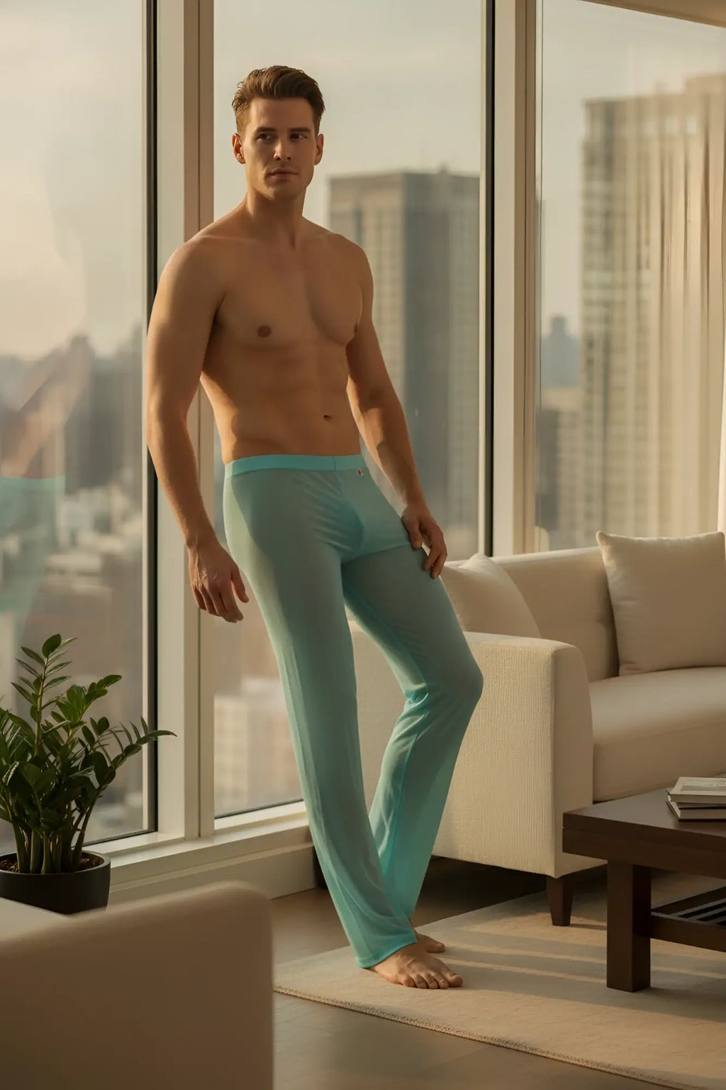 A pair of sheer light blue men’s lounge pants with smooth stretchy fabric and a snug fit from PetitQ Pants Net Teal