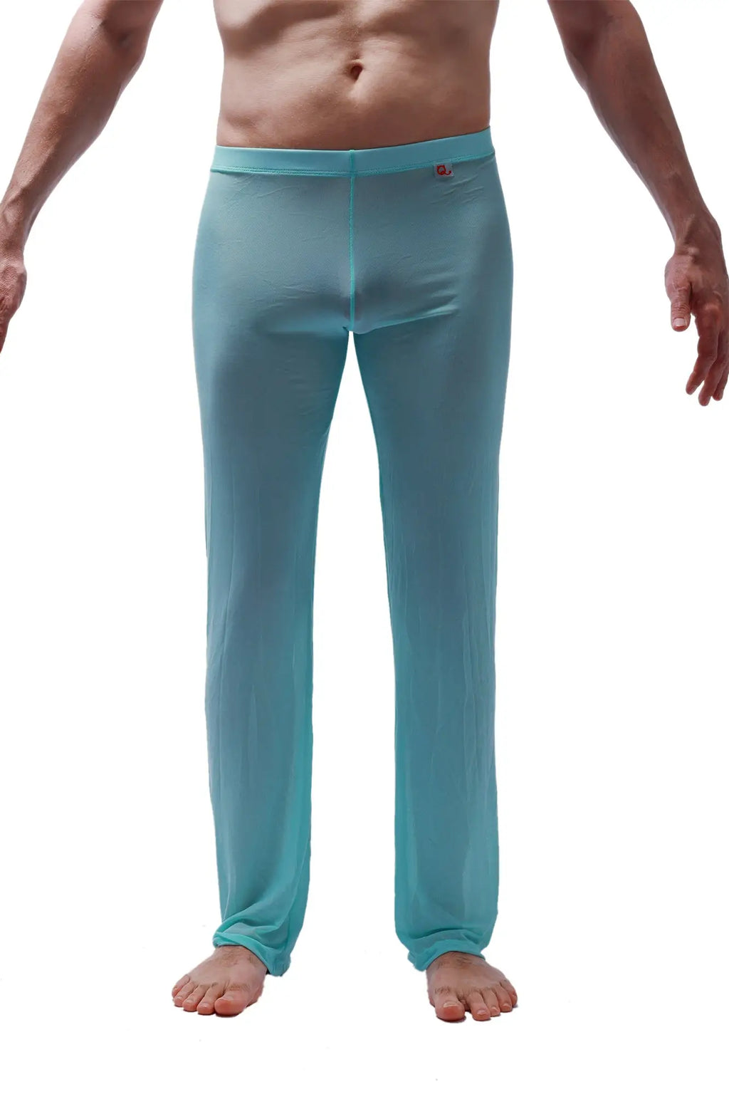 A pair of men’s sheer turquoise petitq lounge pants with a snug fit and elastic waistband