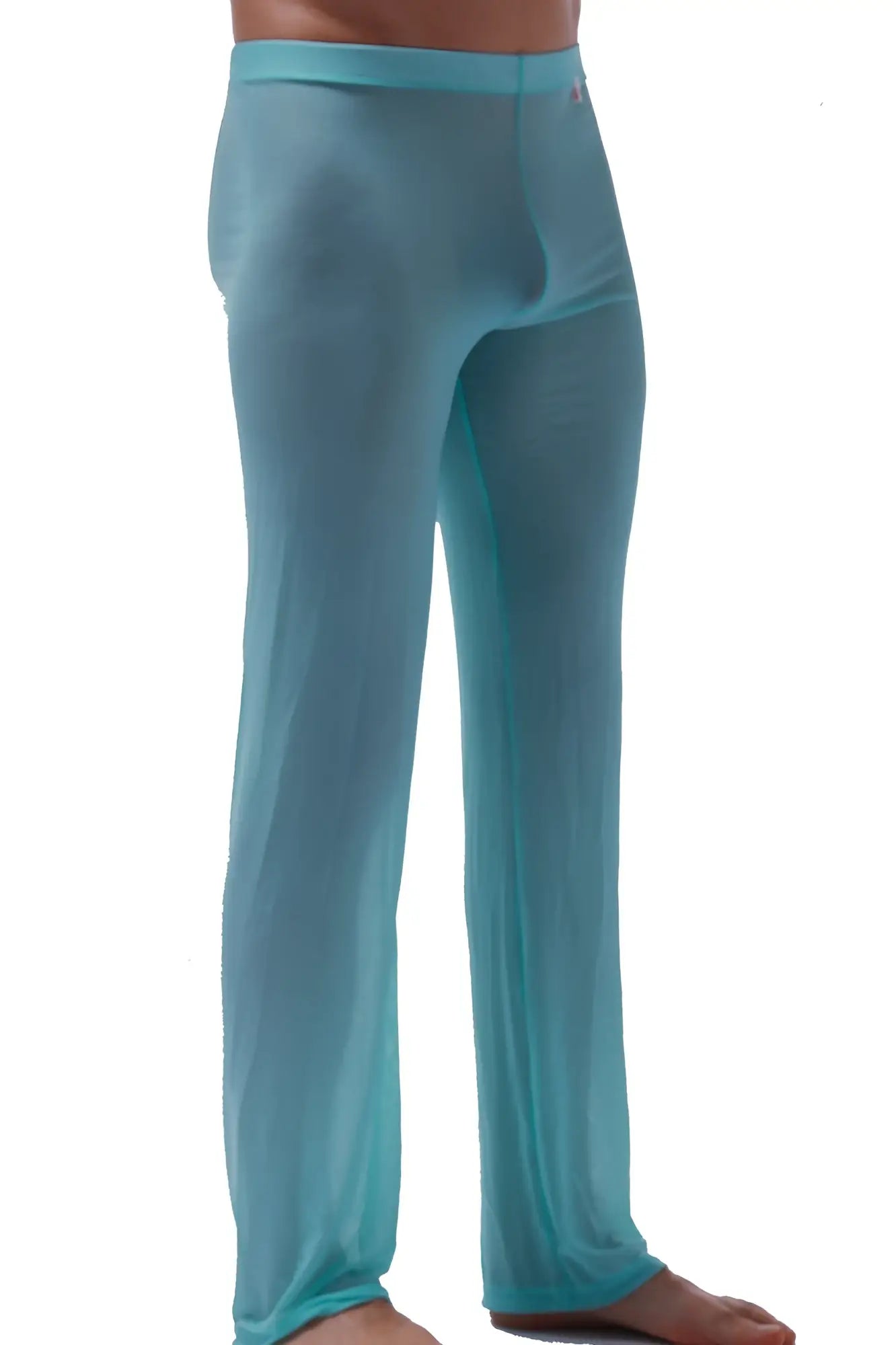 A pair of sheer light blue men’s lounge pants with smooth stretchy fabric and a snug fit from PetitQ Pants Net Teal