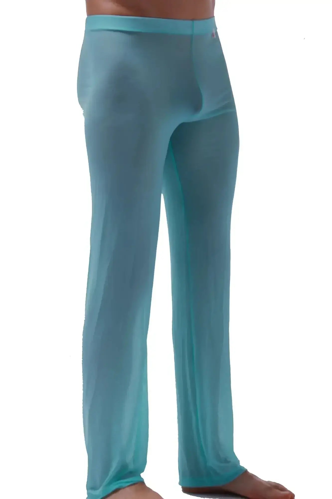 A pair of sheer light blue men’s lounge pants with smooth stretchy fabric and a snug fit from PetitQ Pants Net Teal