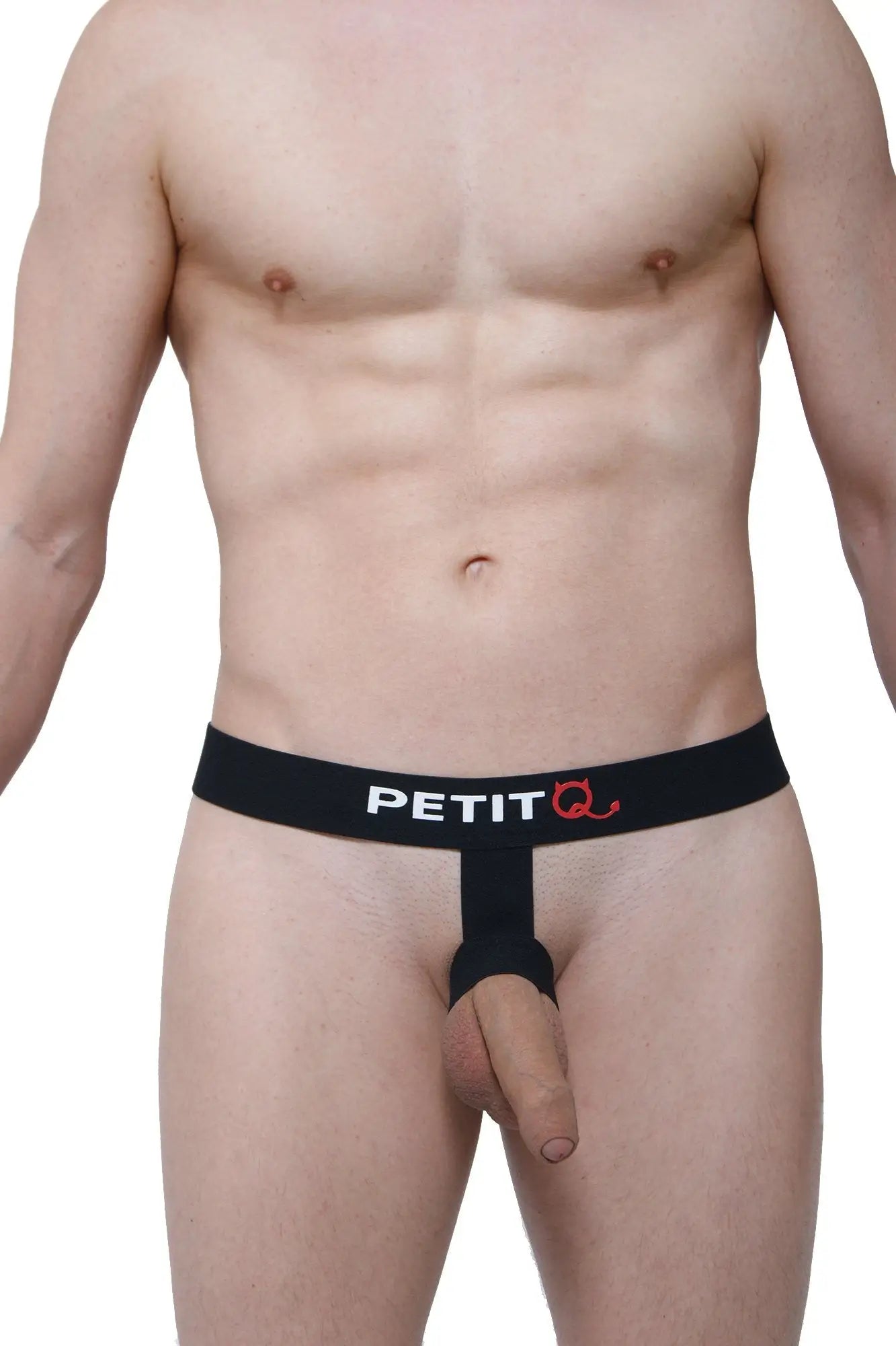 Black petitq brand thong with central strap and white lettering on waistband in petitq protruder petitq black product