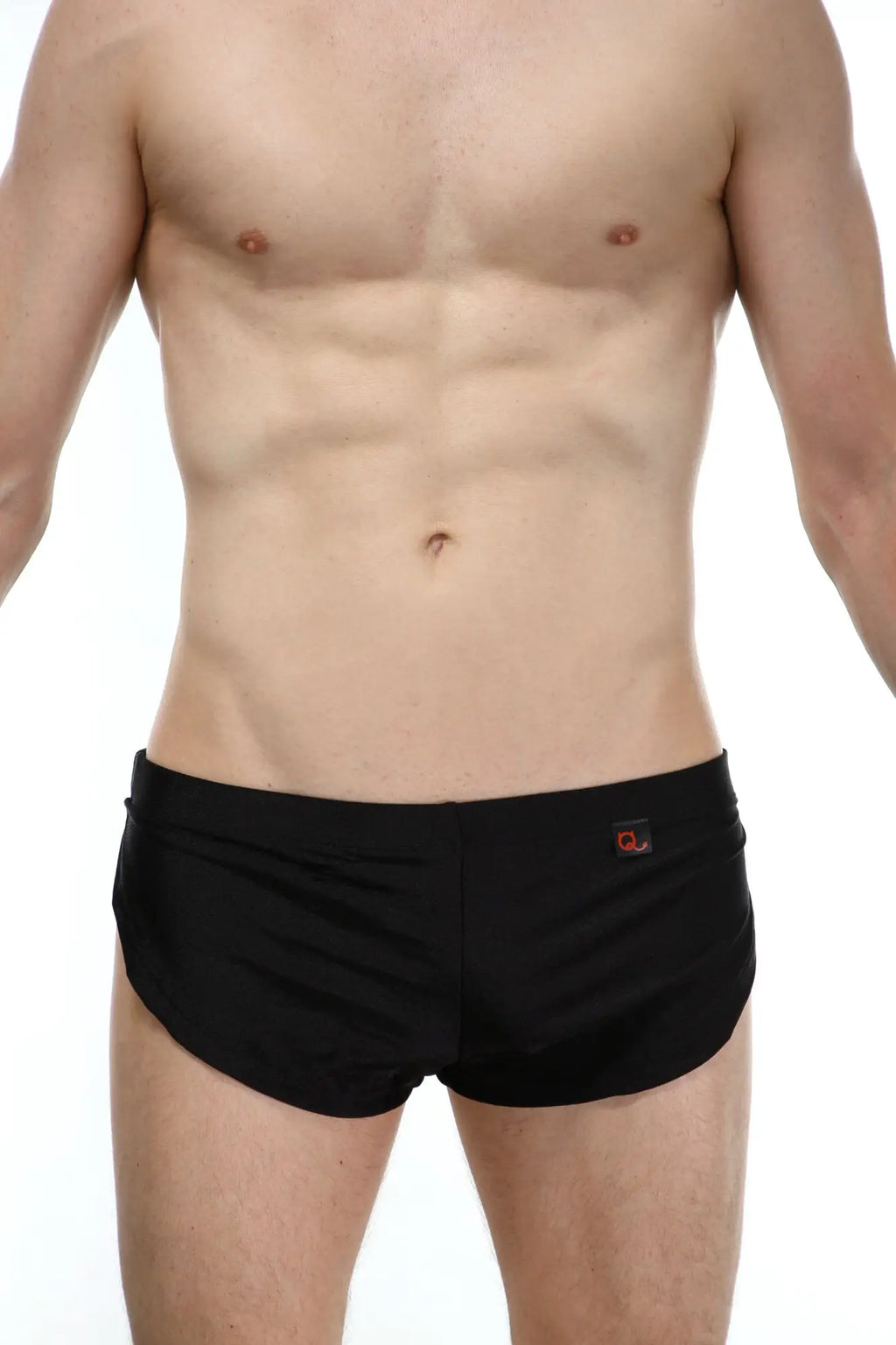 PetitQ running shorts black made of lightweight fabric with black swim trunks featuring a small orange logo on waistband