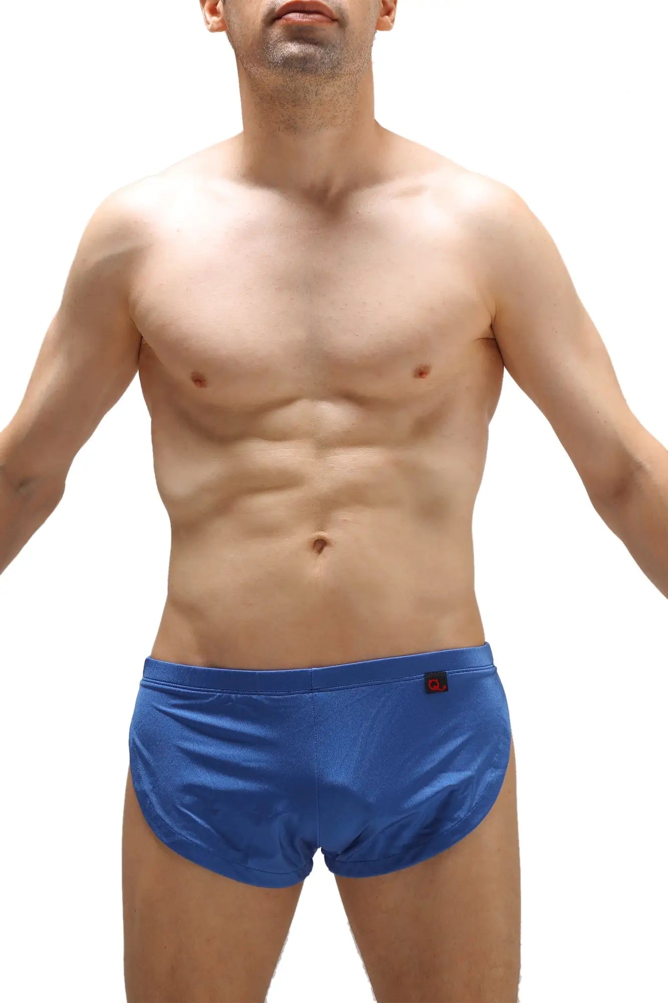 Petitq running shorts joe blue satin swim trunks with subtle textured pattern and red logo on waistband
