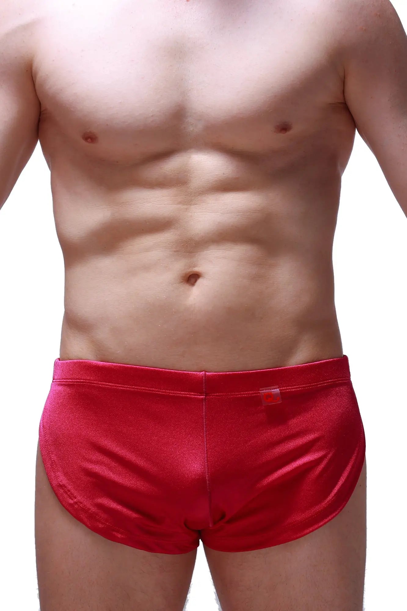 PetitQ running shorts joe framboise red satin briefs with smooth shiny finish and small red tag on waistband