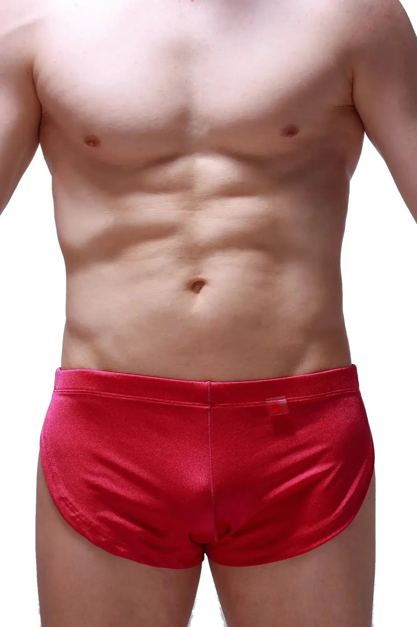 PetitQ running shorts joe framboise red satin briefs with smooth shiny finish and small red tag on waistband