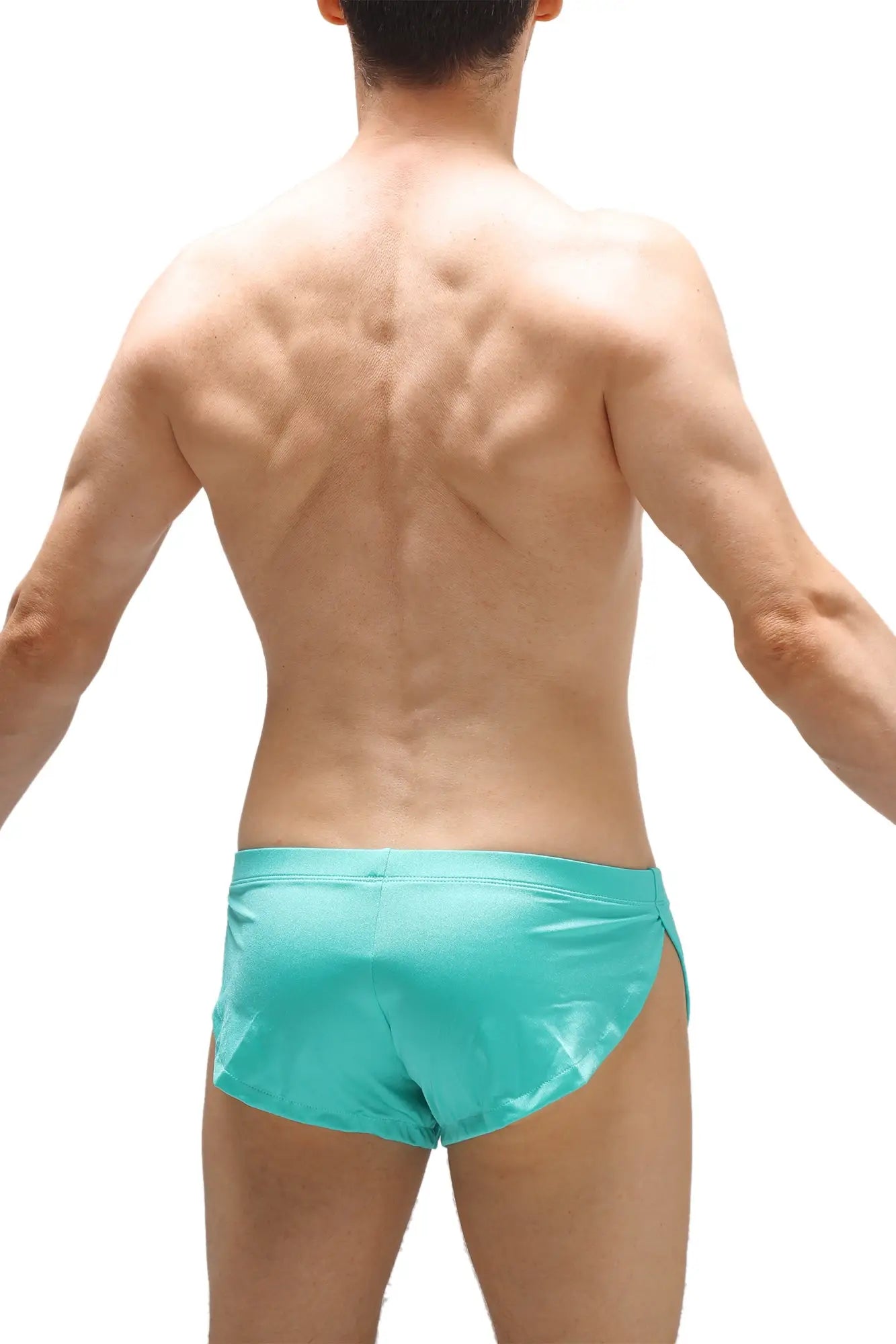 Turquoise shiny fabric swim trunks petitq running shorts joe green designed for comfortable active wear
