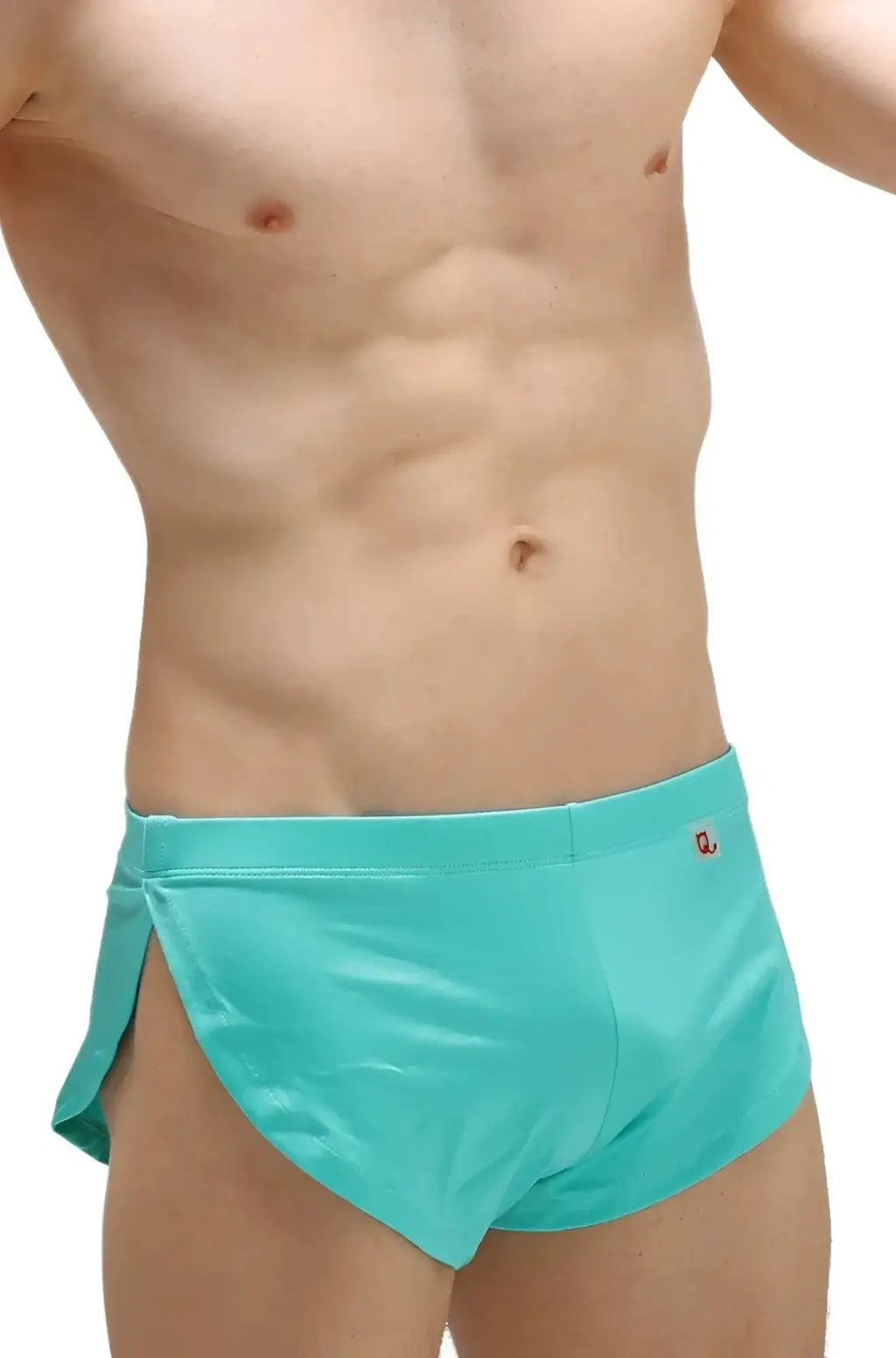 PetitQ running shorts Joe Green turquoise swim trunks with side slit and small red logo on waistband in front view