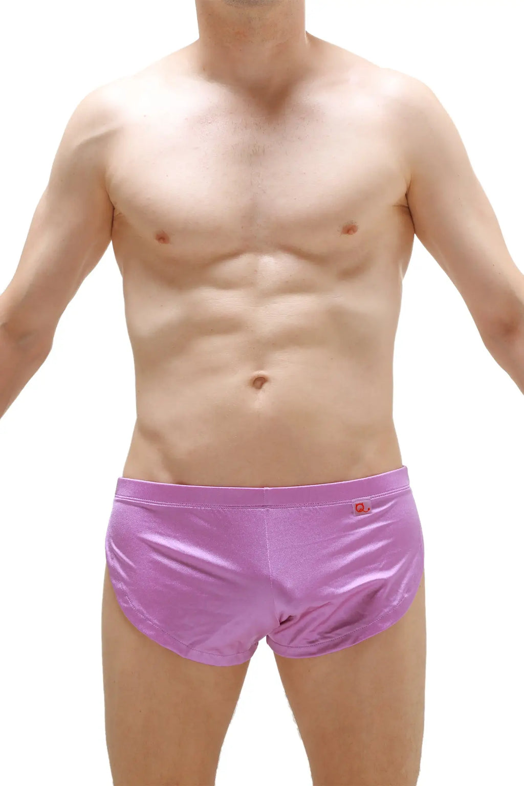 Purple satin petitq running shorts joe with a small red logo on the waistband
