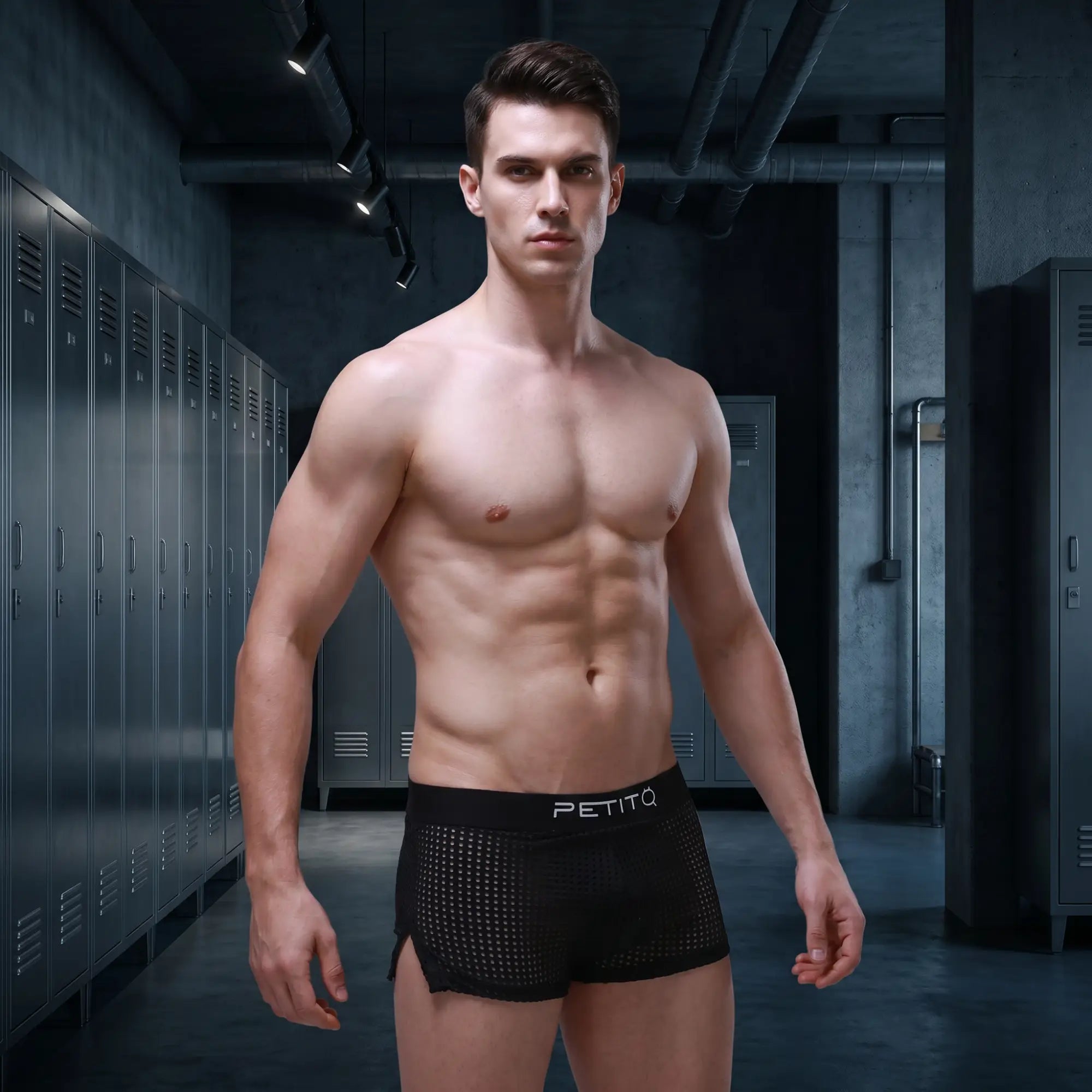 PetitQ Short Jock Durtol Black on a confident male model in a moody gym setting — bold editorial menswear banner