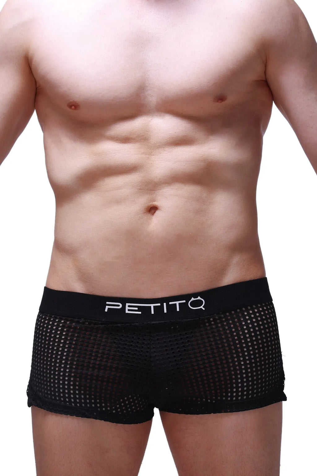 PetitQ short jock Durtol black briefs in black mesh with a solid waistband featuring the PetitQ logo in white lettering