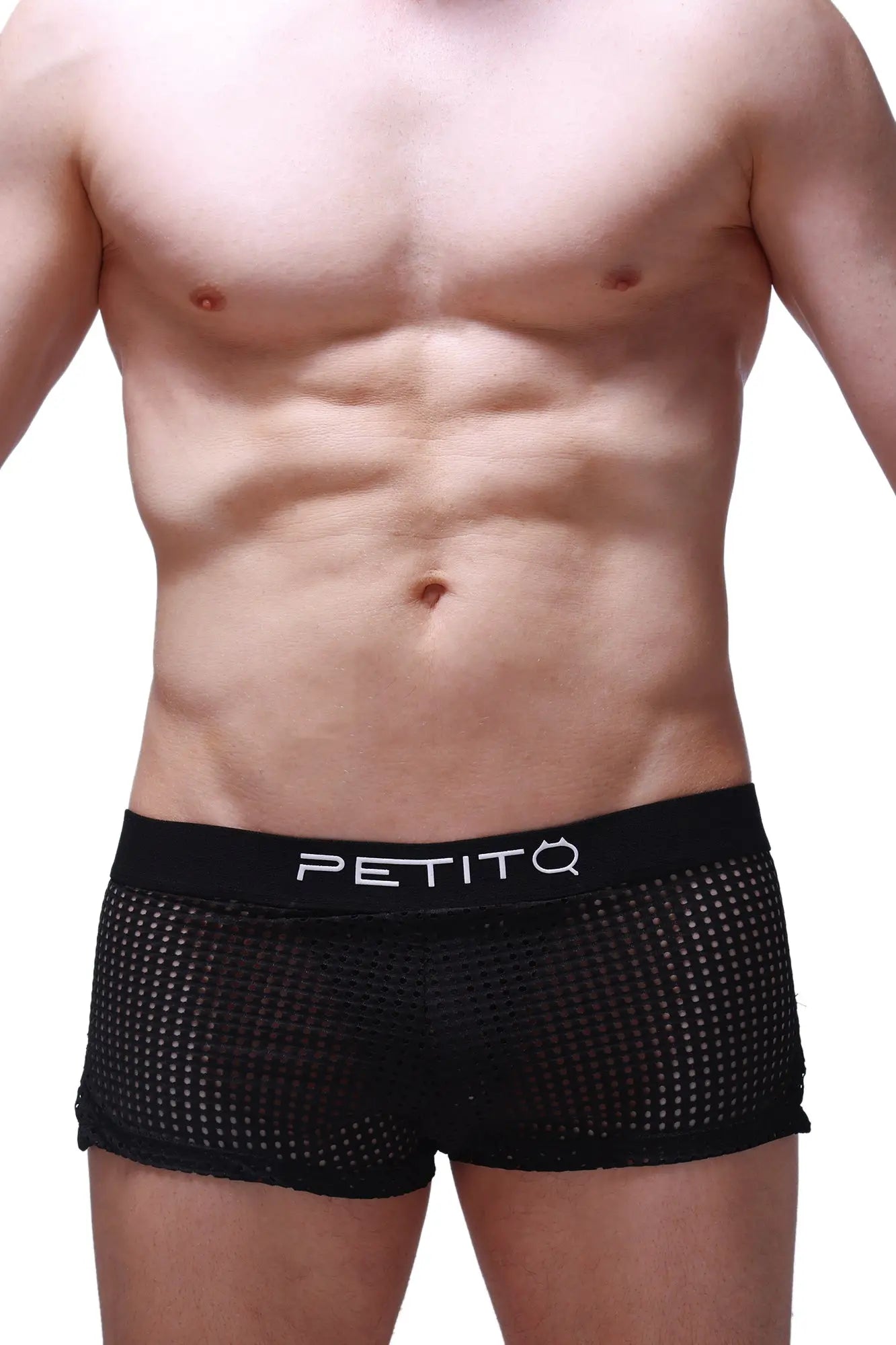 PetitQ short jock Durtol black briefs in black mesh with a solid waistband featuring the PetitQ logo in white lettering
