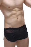PetitQ short lounge black briefs in black mesh and satin with a red logo on the waistband