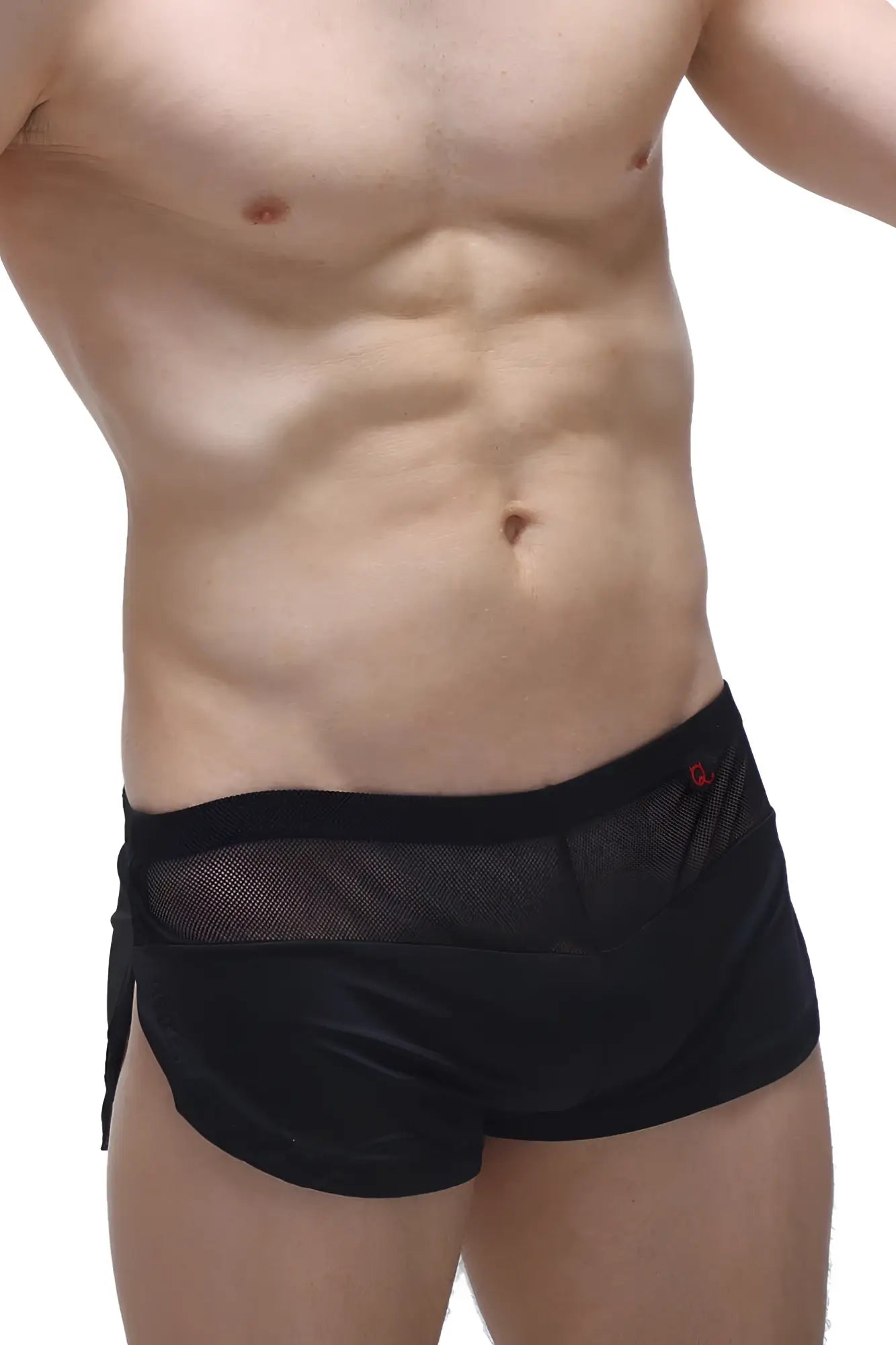 PetitQ short lounge black briefs in black mesh and satin with a red logo on the waistband