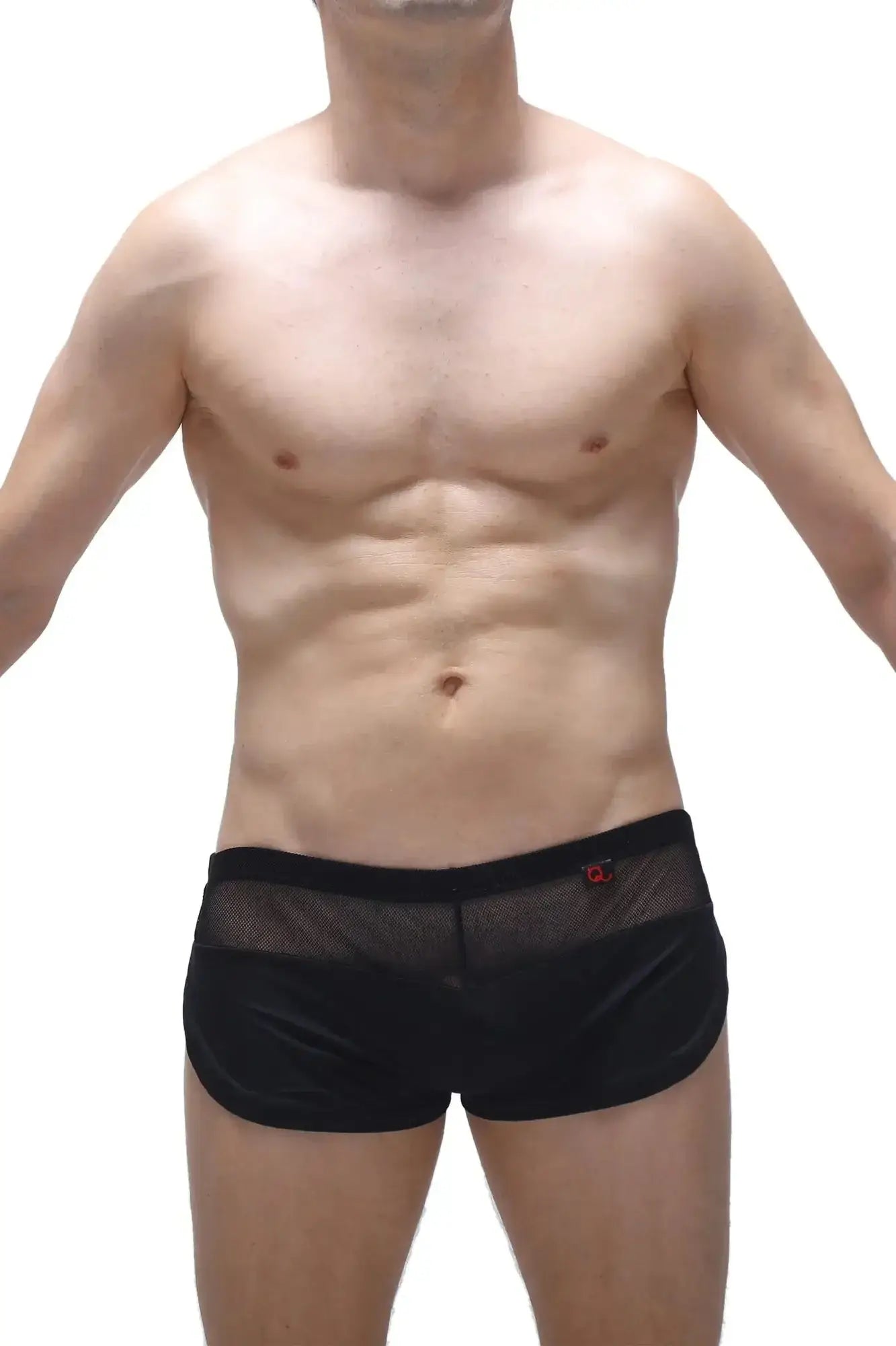 Petitq short lounge black mesh briefs with a solid black waistband and a small red logo on the side