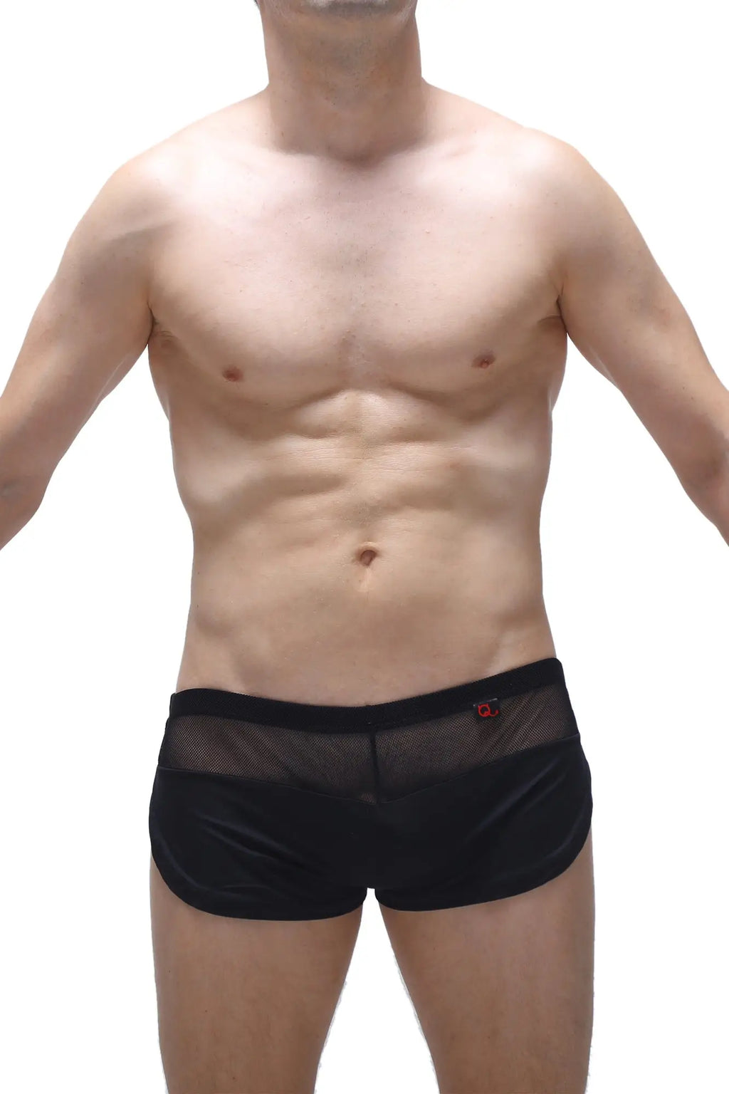 Petitq short lounge black mesh briefs with a solid black waistband and a small red logo on the side