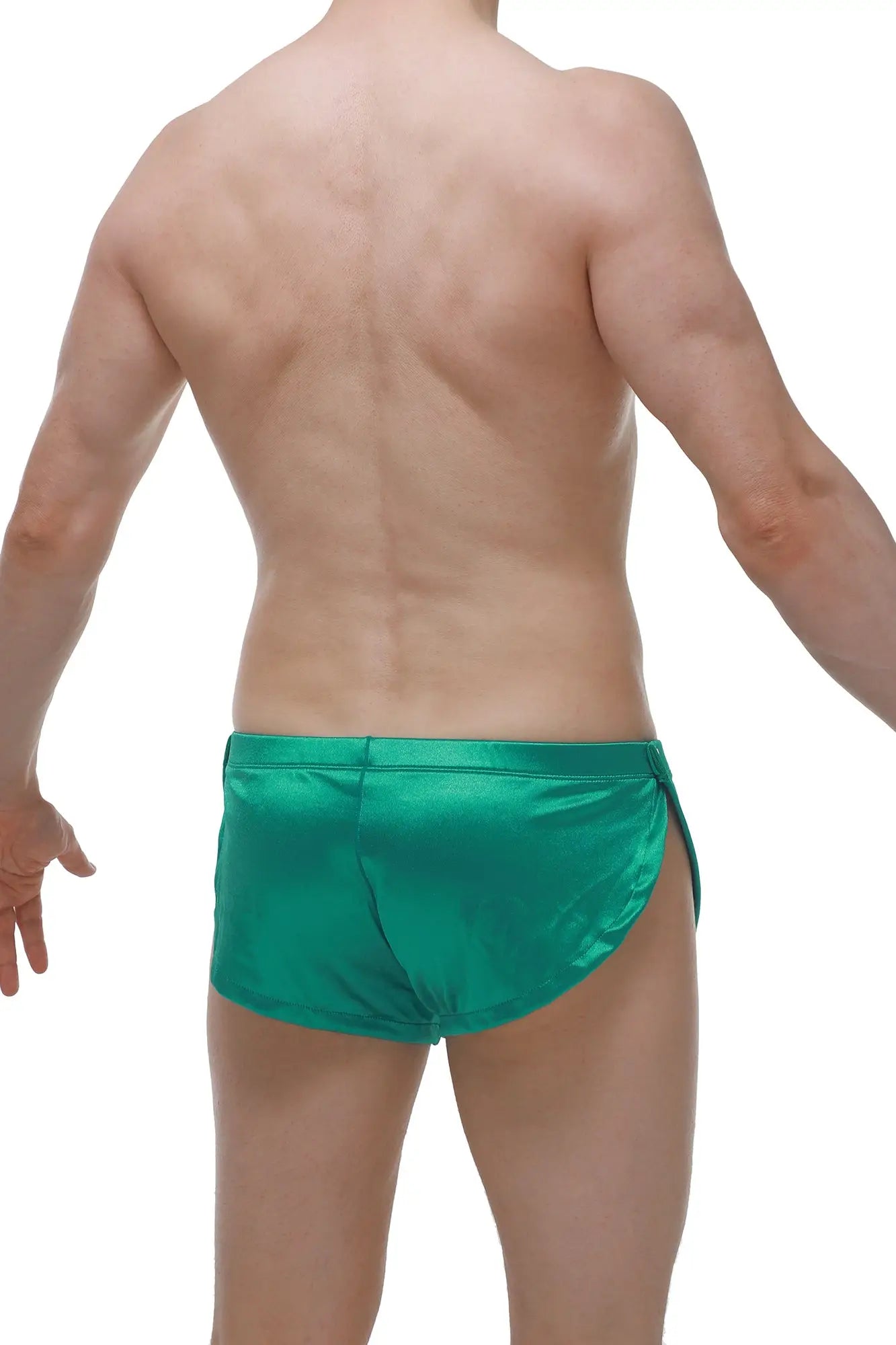Shiny emerald green satin swim trunks petitq short snap satin green with smooth glossy finish
