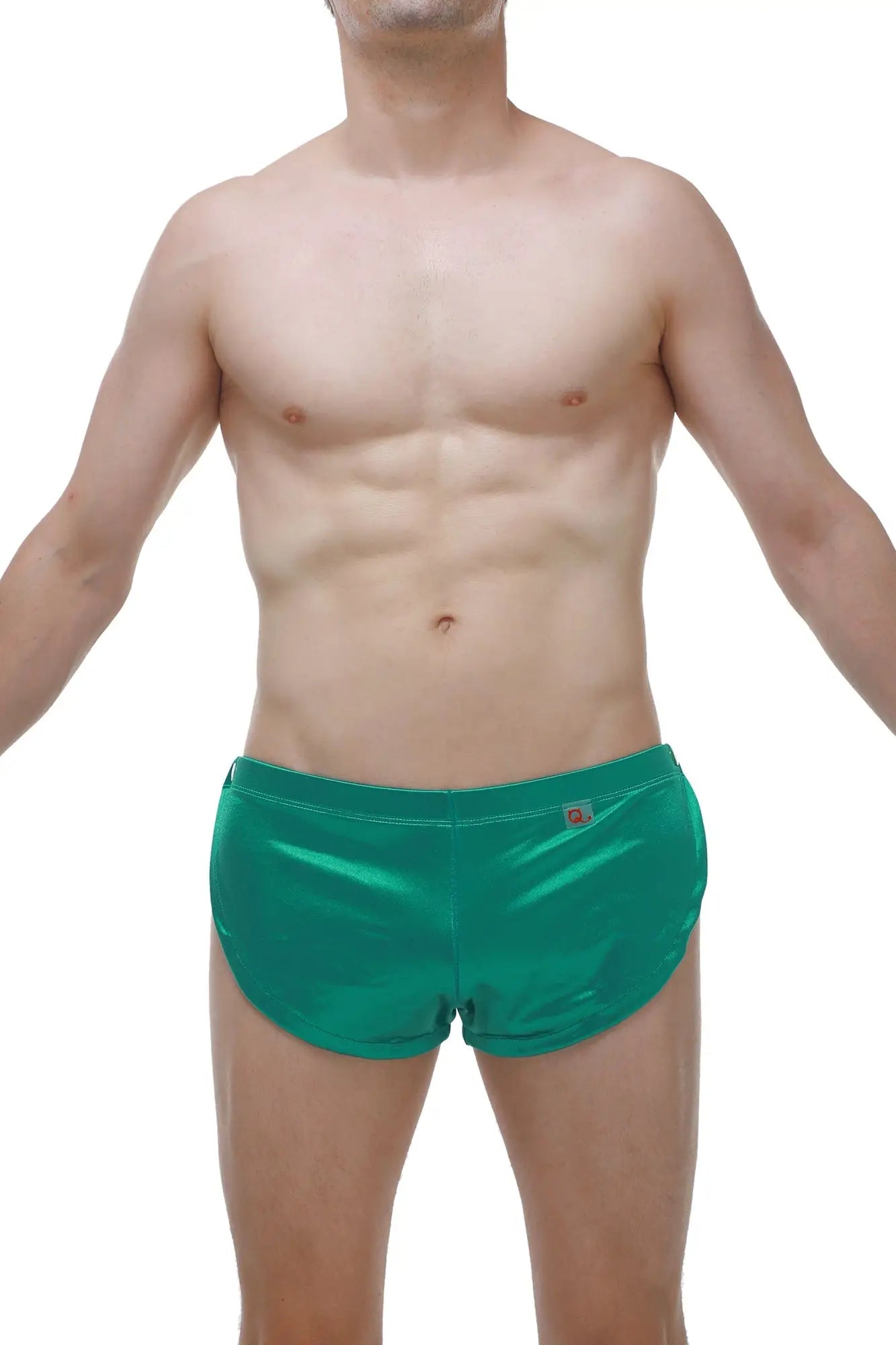 Shiny emerald green satin swim trunks petitq short snap satin green for stylish beachwear and poolside use