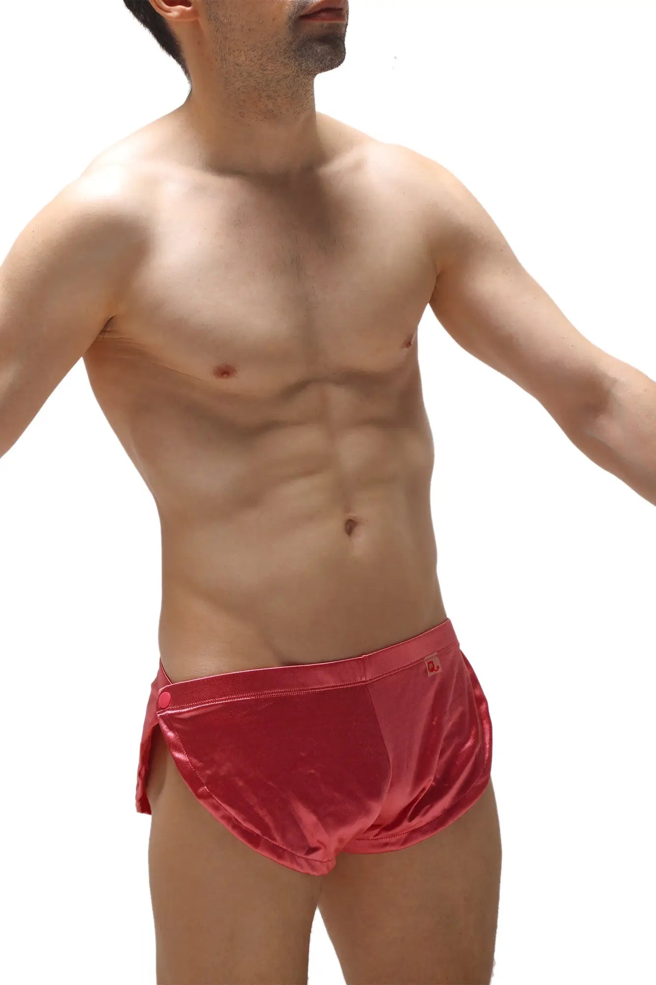 Red satin swim trunks petitq short snap satin pink with side slit and button closure for stylish beachwear