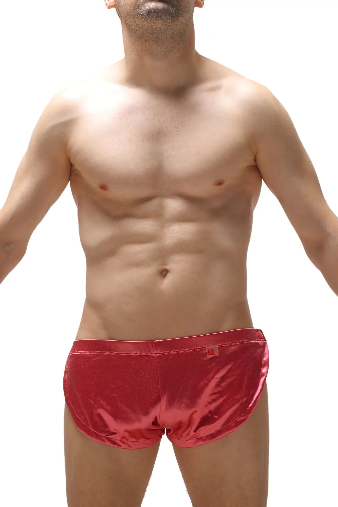 Red velvet briefs with a shiny satin-like finish in bright pink from PetitQ Short Snap Satin Pink collection