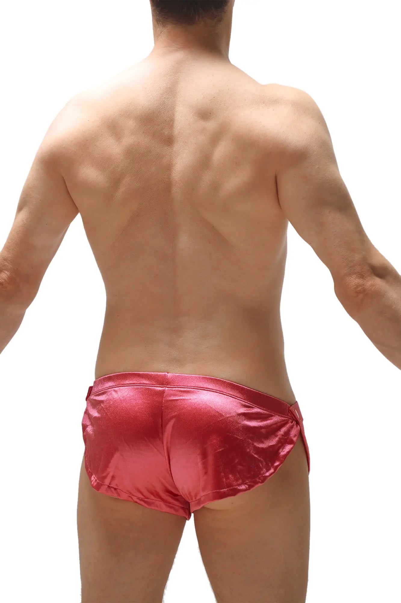 Shiny red metallic swim trunks petitq short snap satin pink with glossy satin finish for stylish swimwear