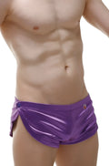 PetitQ short snap satin purple metallic briefs with side slit and button closure for stylish comfort
