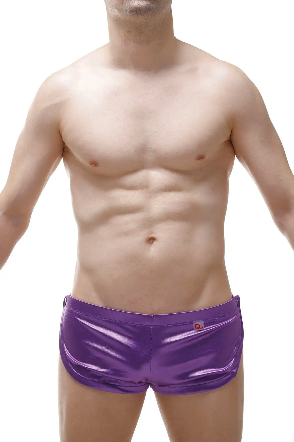 PetitQ short snap satin purple swim trunks with shiny material and small red logo on waistband