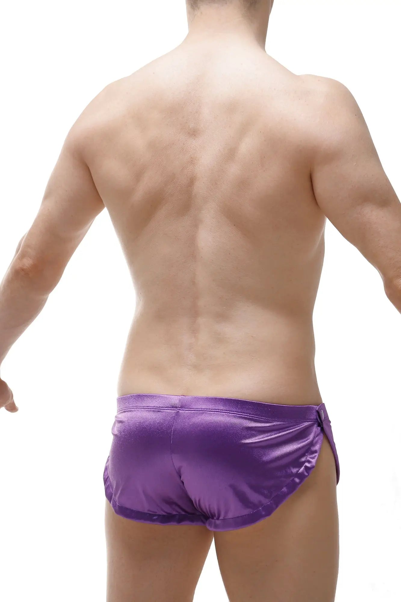 Purple satin swim trunks petitq short snap satin purple with sleek shiny finish and side slits
