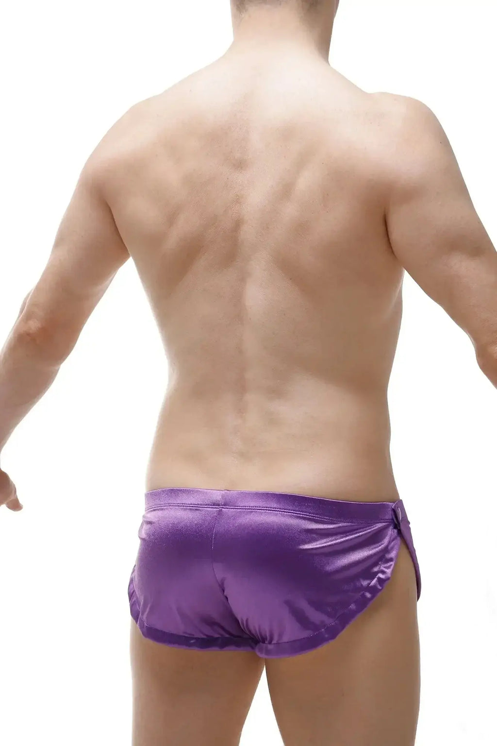 Purple satin swim trunks petitq short snap satin purple with sleek shiny finish and side slits