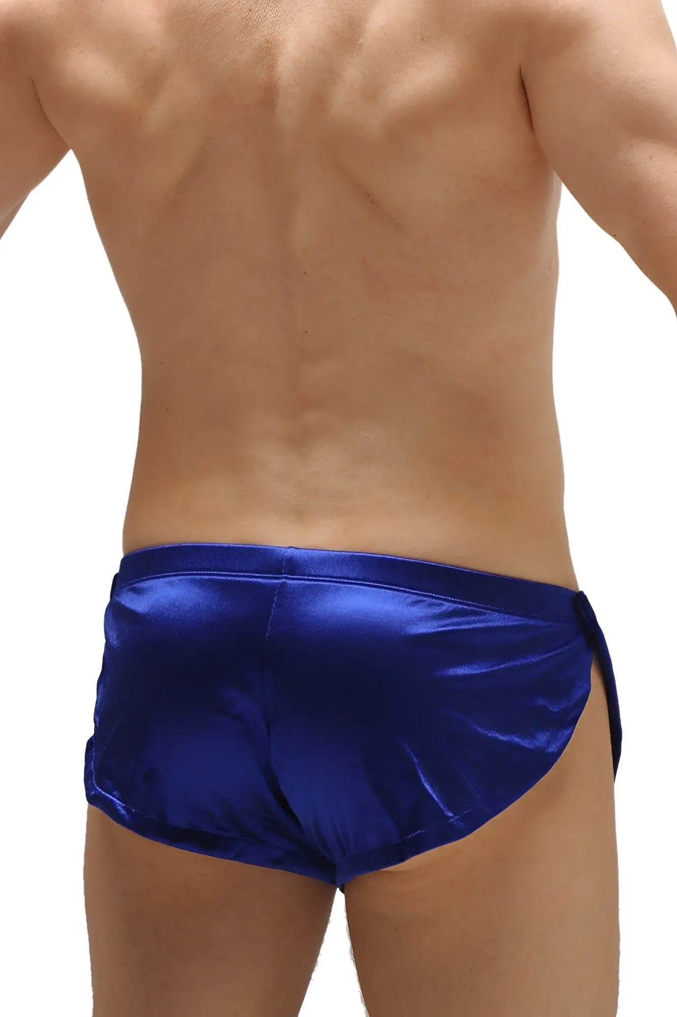 Petitq short snap satin sapphire royal blue satin swim trunks with sleek shiny finish and side ties