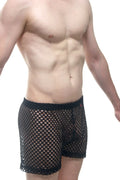 Petitq shorts fishnet black mesh boxer shorts with snug fit and subtle brand logo on waistband