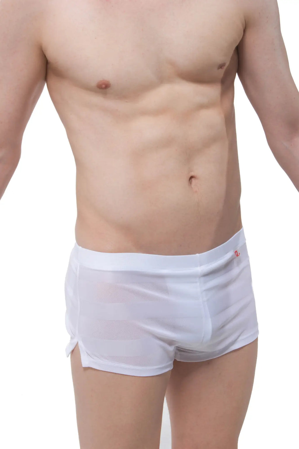 PetitQ shorts mesh stripe jock white men’s boxer briefs sheer white mesh snug fit with side slits