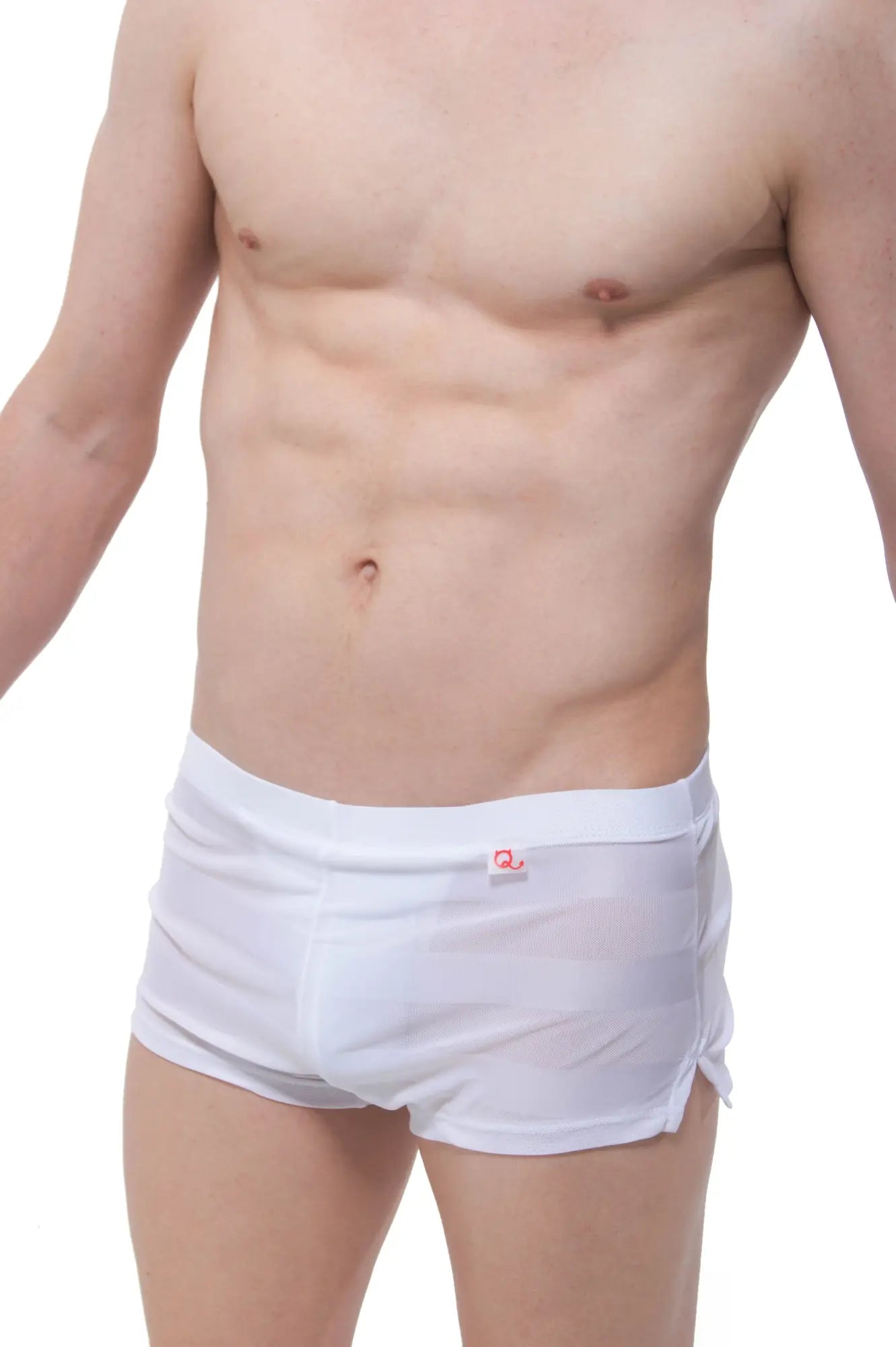 White sheer mesh briefs with red petitq logo on waistband from petitq shorts mesh stripe jock white collection